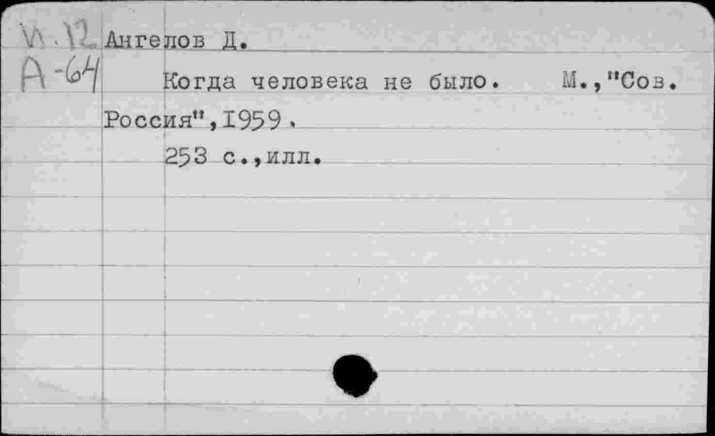 ﻿	Ангелов Д.	
	Когда человека не было.	М.,”Сов.	
	Россия”,1959 •	
	253 с..илл.	
		
		
		
		1
		
		
		
		